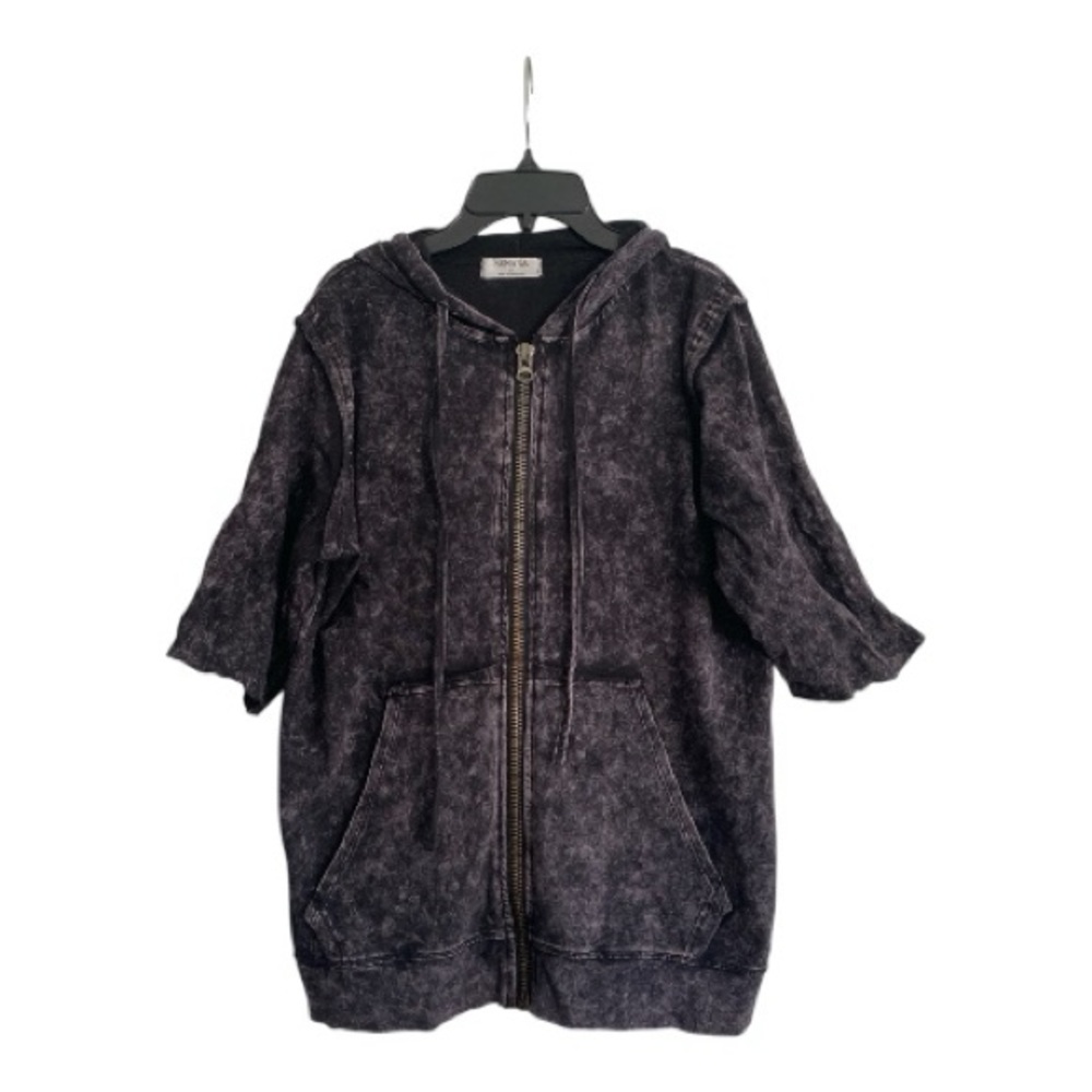 Zenana Mineral Wash Charcoal Zip-Up Short Sleeve Hoodie Size S Oversized